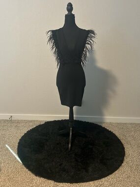Black Feather Trim Mini Dress | Deep V | Birthday Outfit | Night Out | XS